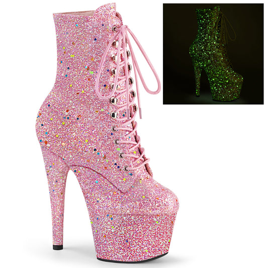 *7" Heel, 2 3/4" PF Lace-Up Front Ankle Boot, Side Zip (Pleaser ADO1020GDLG/PNG/M)