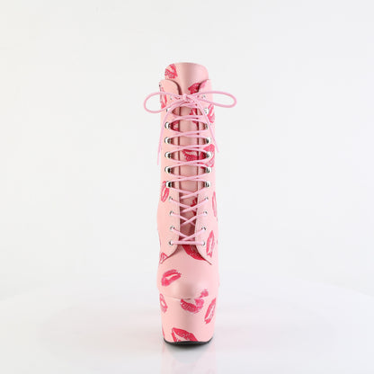 7" Heel, 2 3/4" PF Lace-Up Lips Print Ankle Boot, Side Zip (Pleaser ADO1020KISS/BPPU/M)