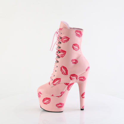 7" Heel, 2 3/4" PF Lace-Up Lips Print Ankle Boot, Side Zip (Pleaser ADO1020KISS/BPPU/M)