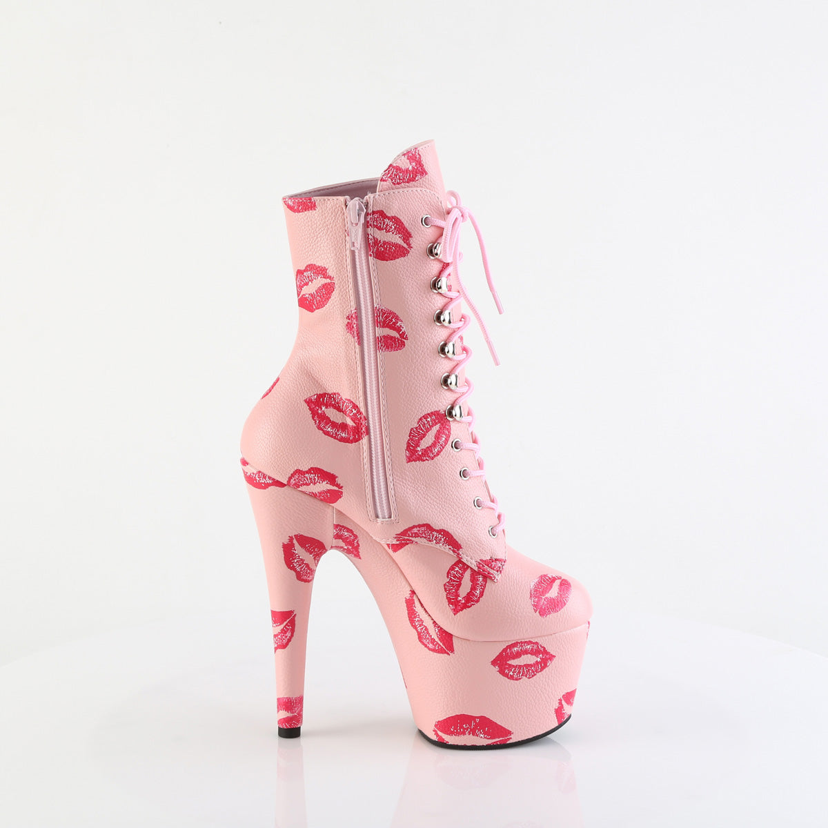 7" Heel, 2 3/4" PF Lace-Up Lips Print Ankle Boot, Side Zip (Pleaser ADO1020KISS/BPPU/M)