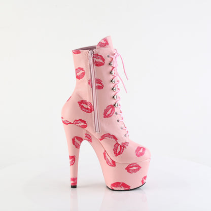 7" Heel, 2 3/4" PF Lace-Up Lips Print Ankle Boot, Side Zip (Pleaser ADO1020KISS/BPPU/M)