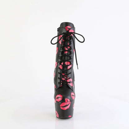 7" Heel, 2 3/4" PF Lace-Up Lips Print Ankle Boot, Side Zip (Pleaser ADO1020KISS/BPPU/M)