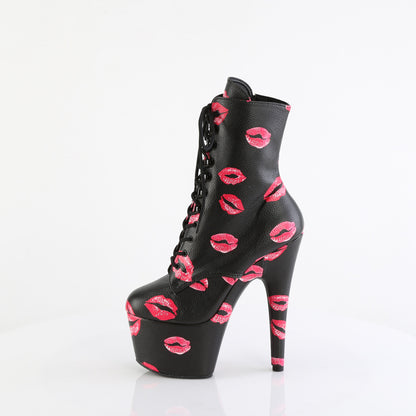 7" Heel, 2 3/4" PF Lace-Up Lips Print Ankle Boot, Side Zip (Pleaser ADO1020KISS/BPPU/M)