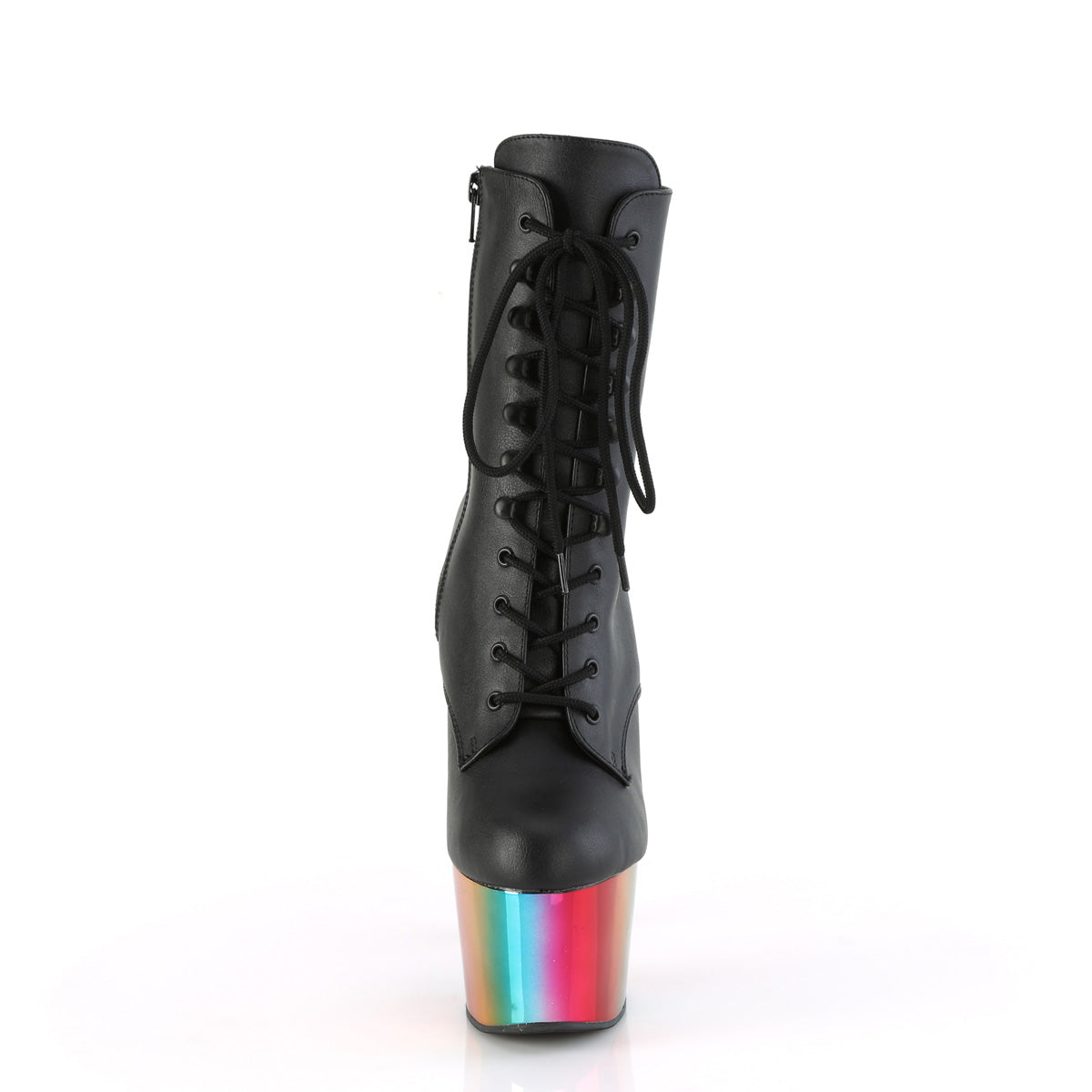 *7" Heel, 2 3/4" Chromed PF Lace-Up Ankle Boot, Side Zip (Pleaser ADO1020RC/B/RBOWCH)