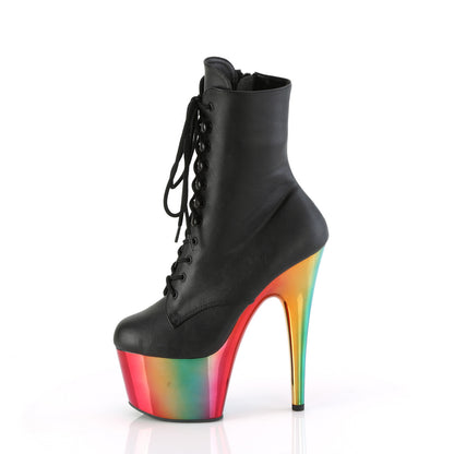 *7" Heel, 2 3/4" Chromed PF Lace-Up Ankle Boot, Side Zip (Pleaser ADO1020RC/B/RBOWCH)