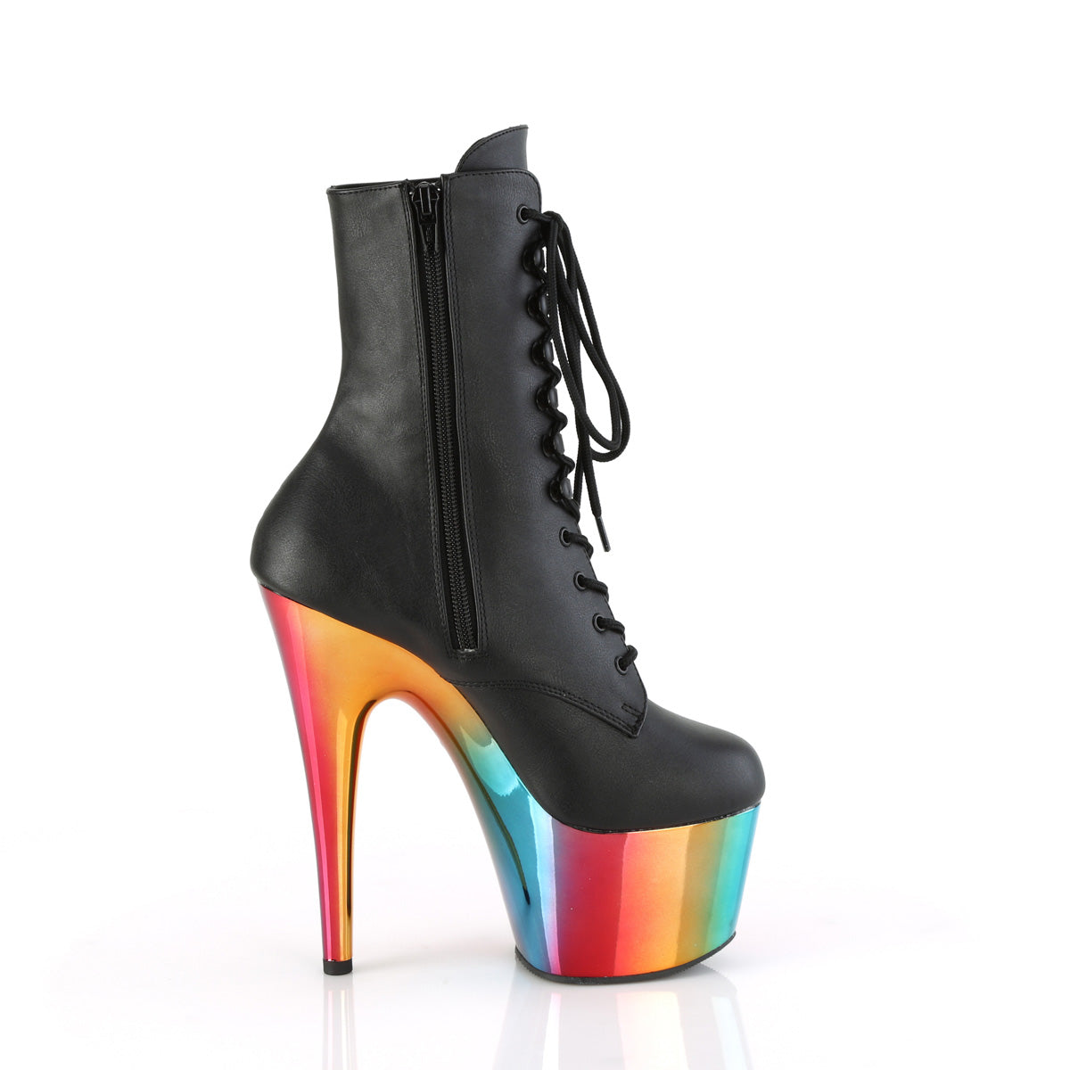 *7" Heel, 2 3/4" Chromed PF Lace-Up Ankle Boot, Side Zip (Pleaser ADO1020RC/B/RBOWCH)