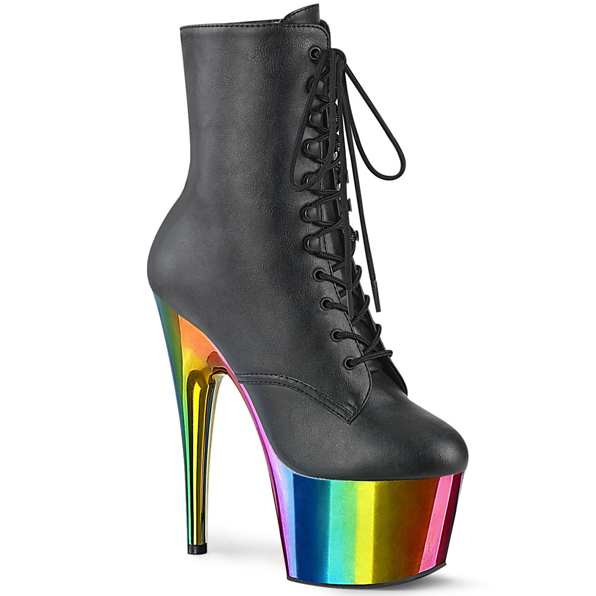 *7" Heel, 2 3/4" Chromed PF Lace-Up Ankle Boot, Side Zip (Pleaser ADO1020RC/B/RBOWCH)