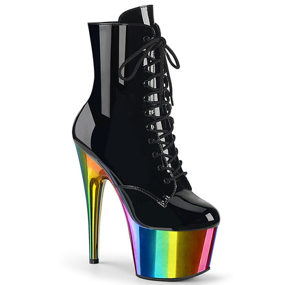 *7" Heel, 2 3/4" Chromed PF Lace-Up Ankle Boot, Side Zip (Pleaser ADO1020RC/B/RBOWCH)