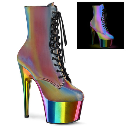 *7" Heel, 2 3/4" Chromed PF Lace-Up Ankle Boot, Side Zip (Pleaser ADO1020RC-REFL/RB/CH)