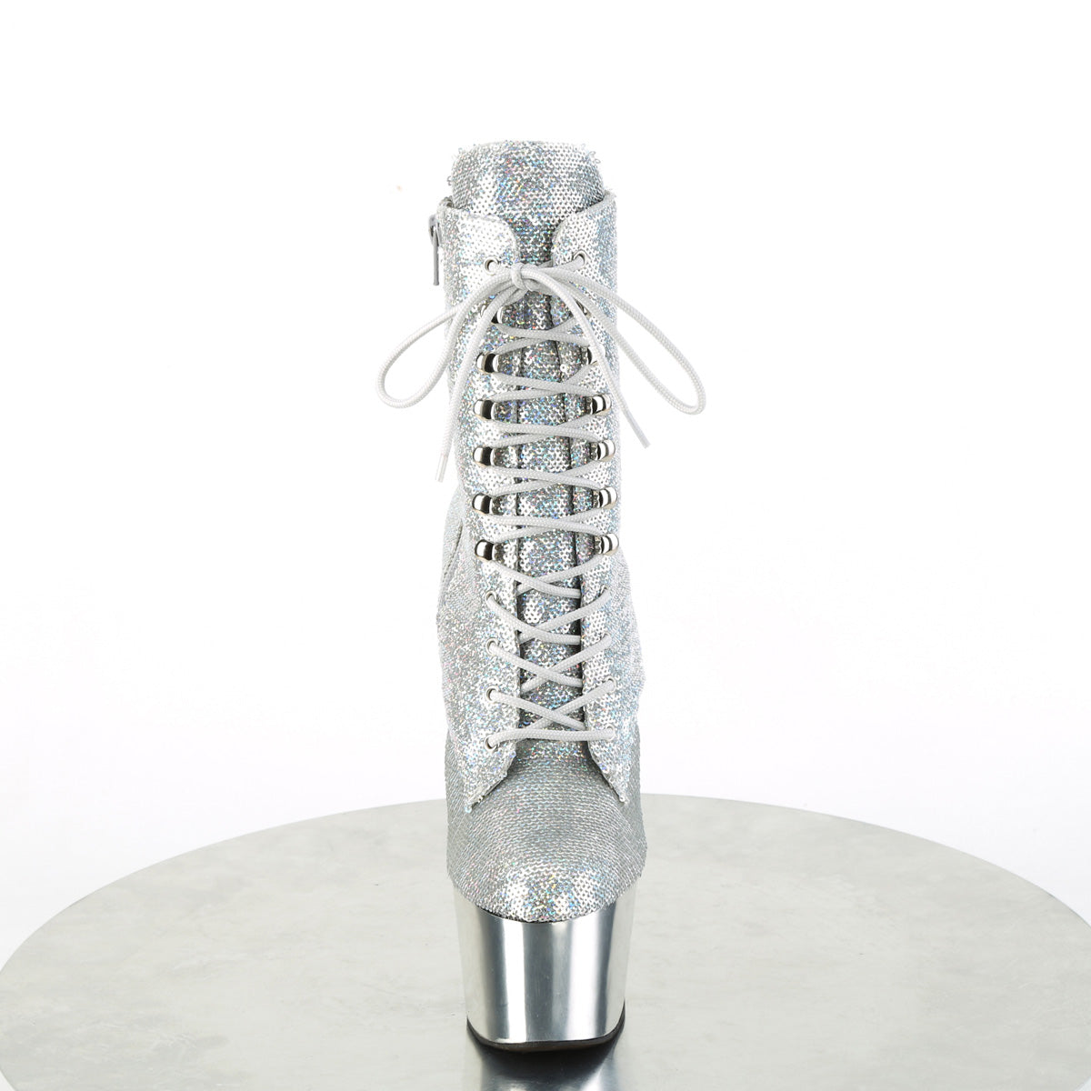 *7" Heel, 2 3/4" PF Lace-Up Sequins Ankle Boot, Side Zip (Pleaser ADO1020SQ-02/SSQ/SCH)