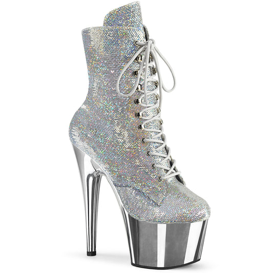 *7" Heel, 2 3/4" PF Lace-Up Sequins Ankle Boot, Side Zip (Pleaser ADO1020SQ-02/SSQ/SCH)