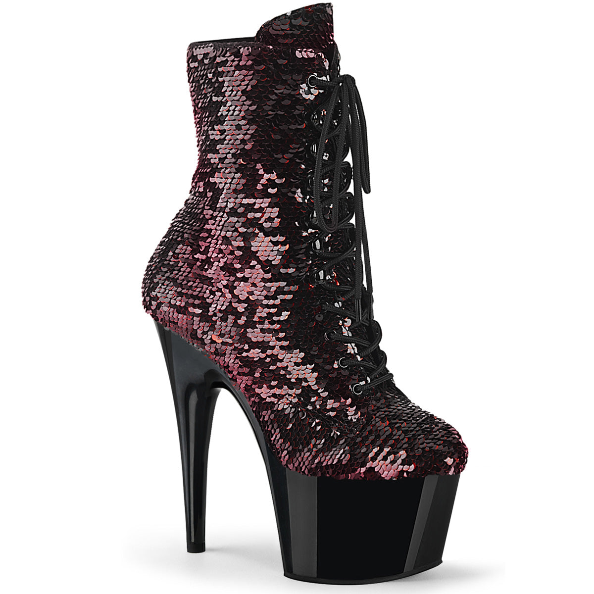 *7" Heel, 2 3/4" PF Lace-Up Sequins Ankle Boot, Side Zip (Pleaser ADO1020SQ/B-GSQ/B)