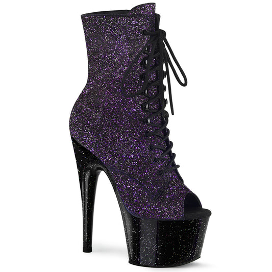 *7" Heel, 2 3/4" PF Peep Toe Lace-Up Ankle Boot, Side Zip (Pleaser ADO1021MG/PPG/B)