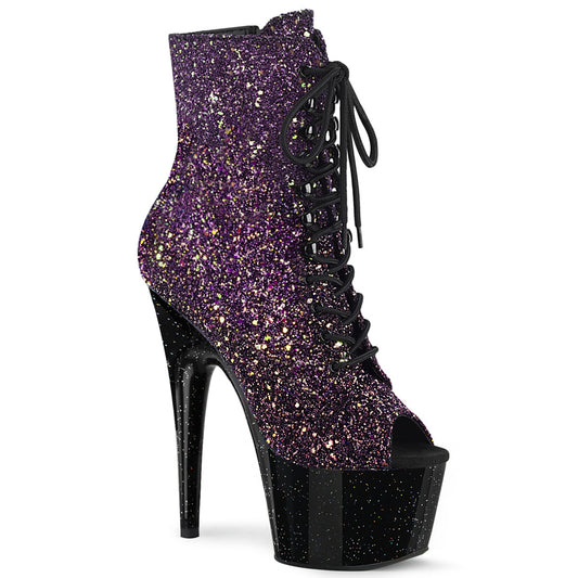 *7" Heel, 2 3/4" PF Peep Toe Lace-Up Ankle Boot, Side Zip (Pleaser ADO1021OMBG/PPG/B)