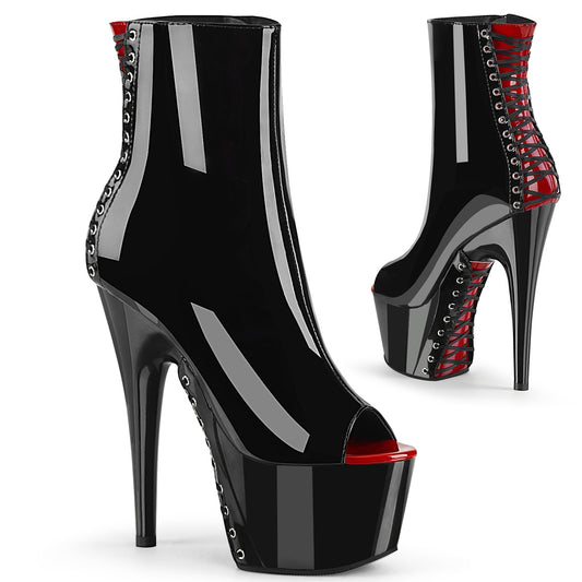 *7" Heel,2 3/4" PF Peep Toe Corset Style Ankle Boot,Side Zip (Pleaser ADO1025/B-R/B)