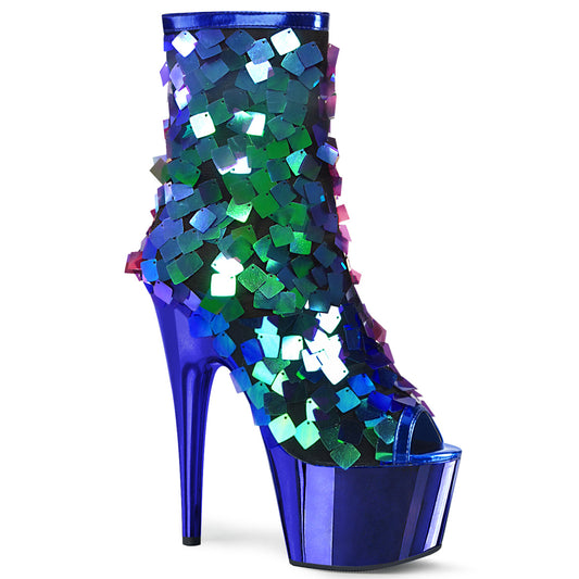 *7" Heel, 2 3/4" PF Open Toe Ankle Boot, Side Zip (Pleaser ADO1031SSQ/GN-BLU/CH)