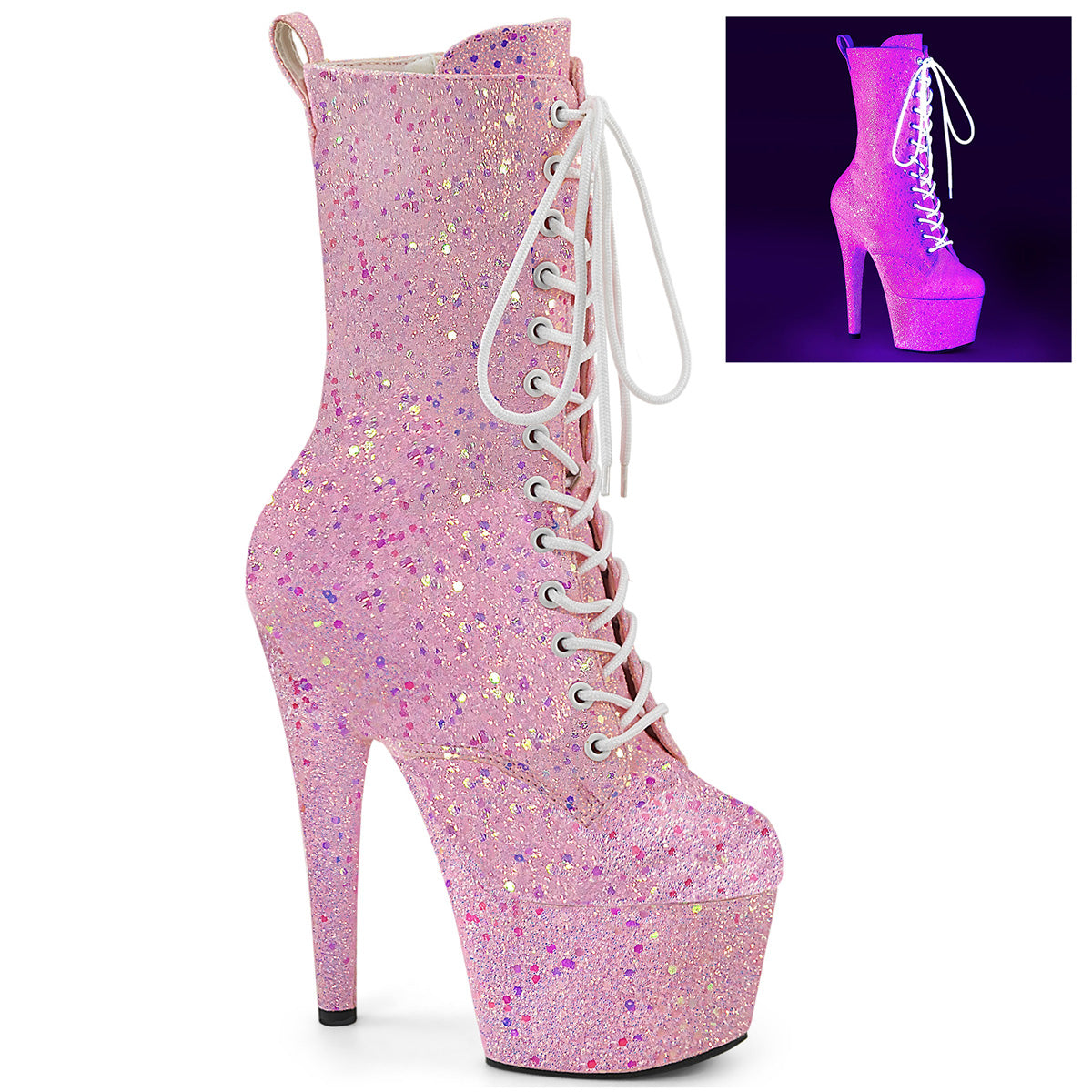 *7" Heel, 2 3/4" PF Lace-Up Holo Glitter Ankle Boot,Side Zip (Pleaser ADO1040IG/BBG/M)