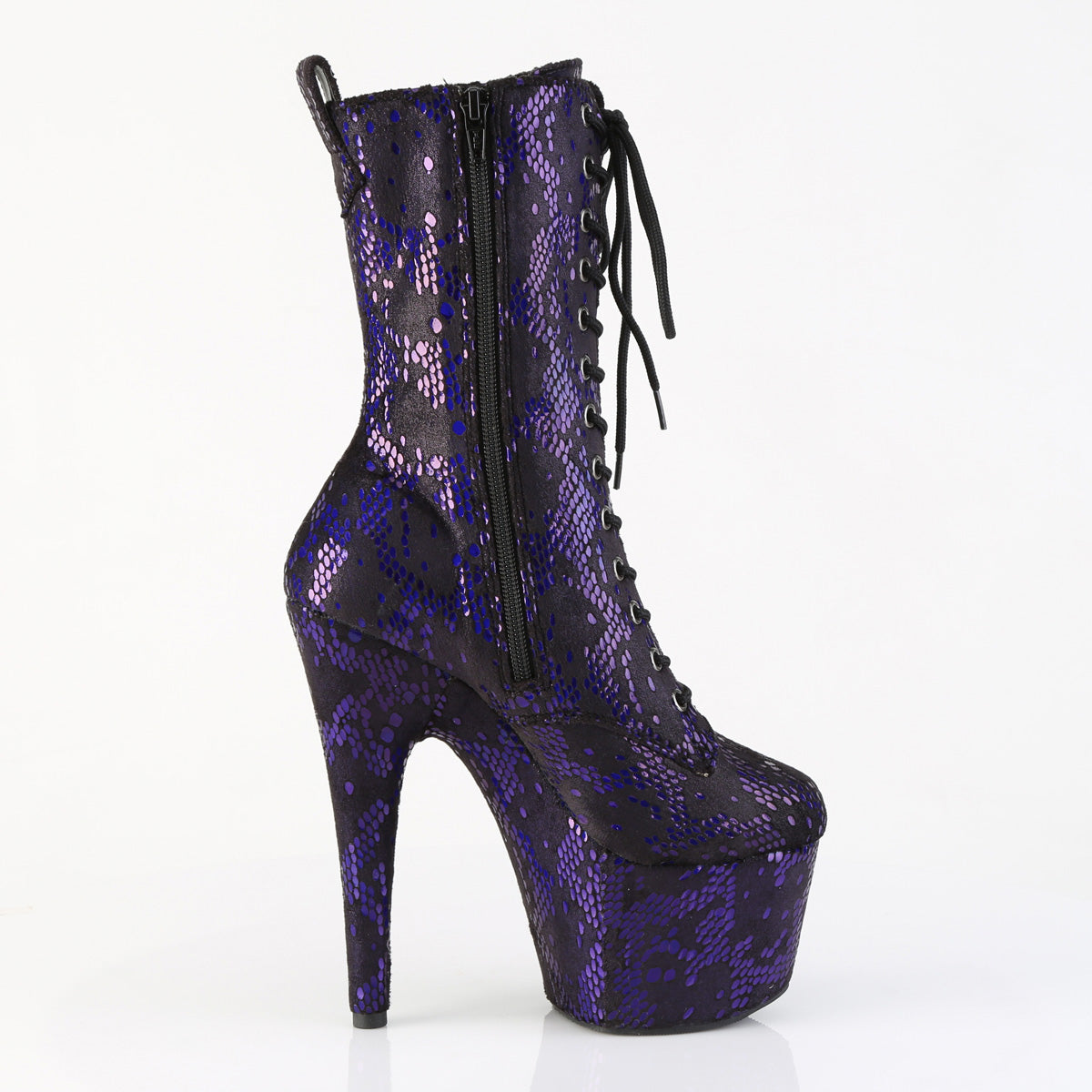 *7" Heel, 2 3/4" PF Lace-Up Front Ankle Boot, Side Zip (Pleaser ADO1040SPF/BLMFA/M)