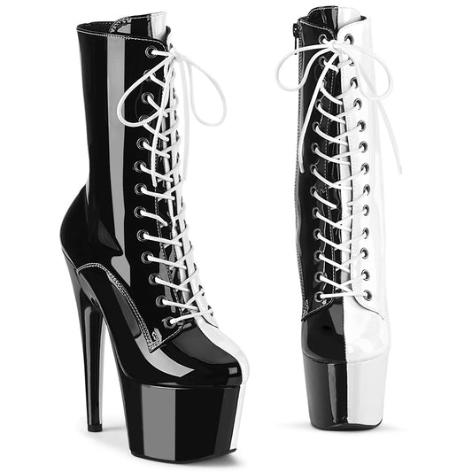 7" Heel, 2 3/4" PF Two Tone Lace-Up Ankle Boot, Side Zip (Pleaser ADO1040TT/B-W/M)