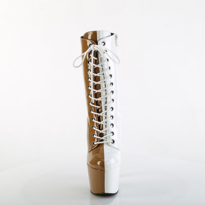 7" Heel, 2 3/4" PF Two Tone Lace-Up Ankle Boot, Side Zip (Pleaser ADO1040TT/B-W/M)