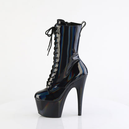 7" Heel, 2 3/4" PF Holographic Lace-Up Ankle Boot, Side Zip (Pleaser ADO1040WR-HG/BHG/M)