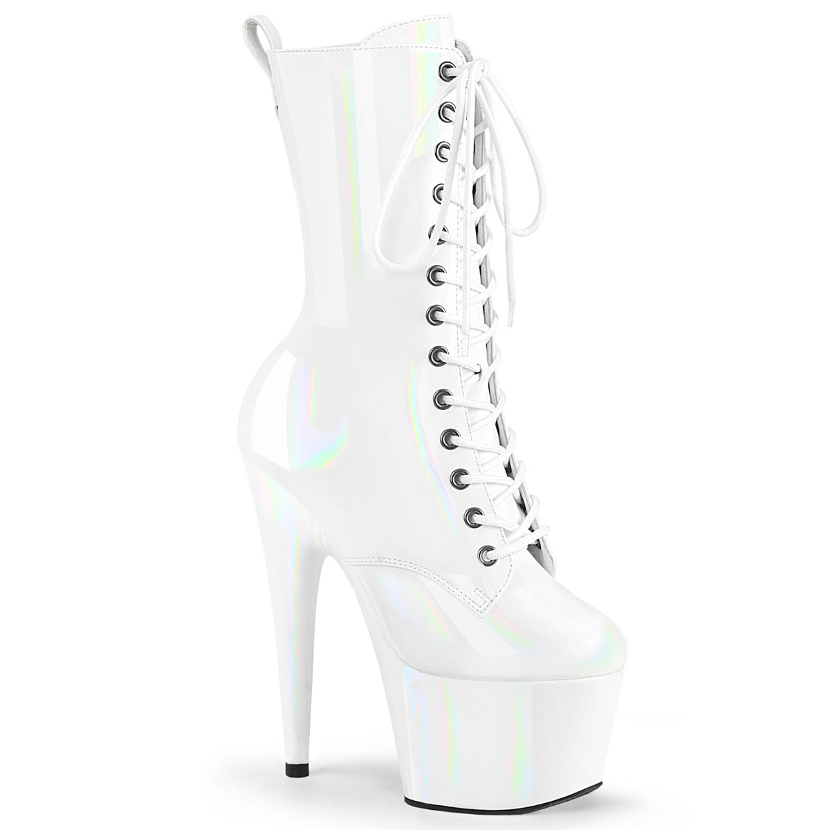 7" Heel, 2 3/4" PF Holographic Lace-Up Ankle Boot, Side Zip (Pleaser ADO1040WR-HG/BHG/M)