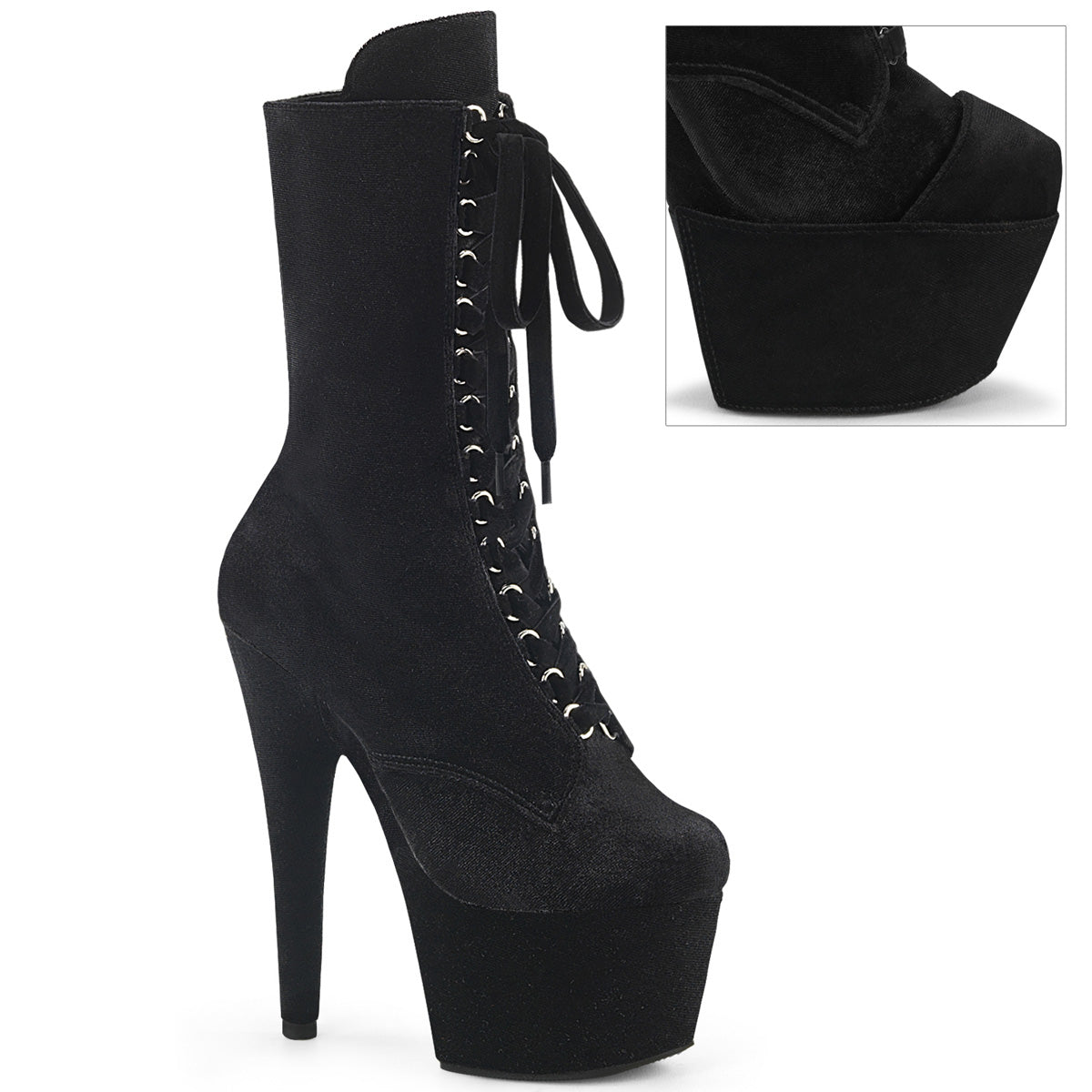 7" Heel, 2 3/4" PF Velvet Lace-Up Front Ankle Boot (Pleaser ADO1045VEL/B/M)
