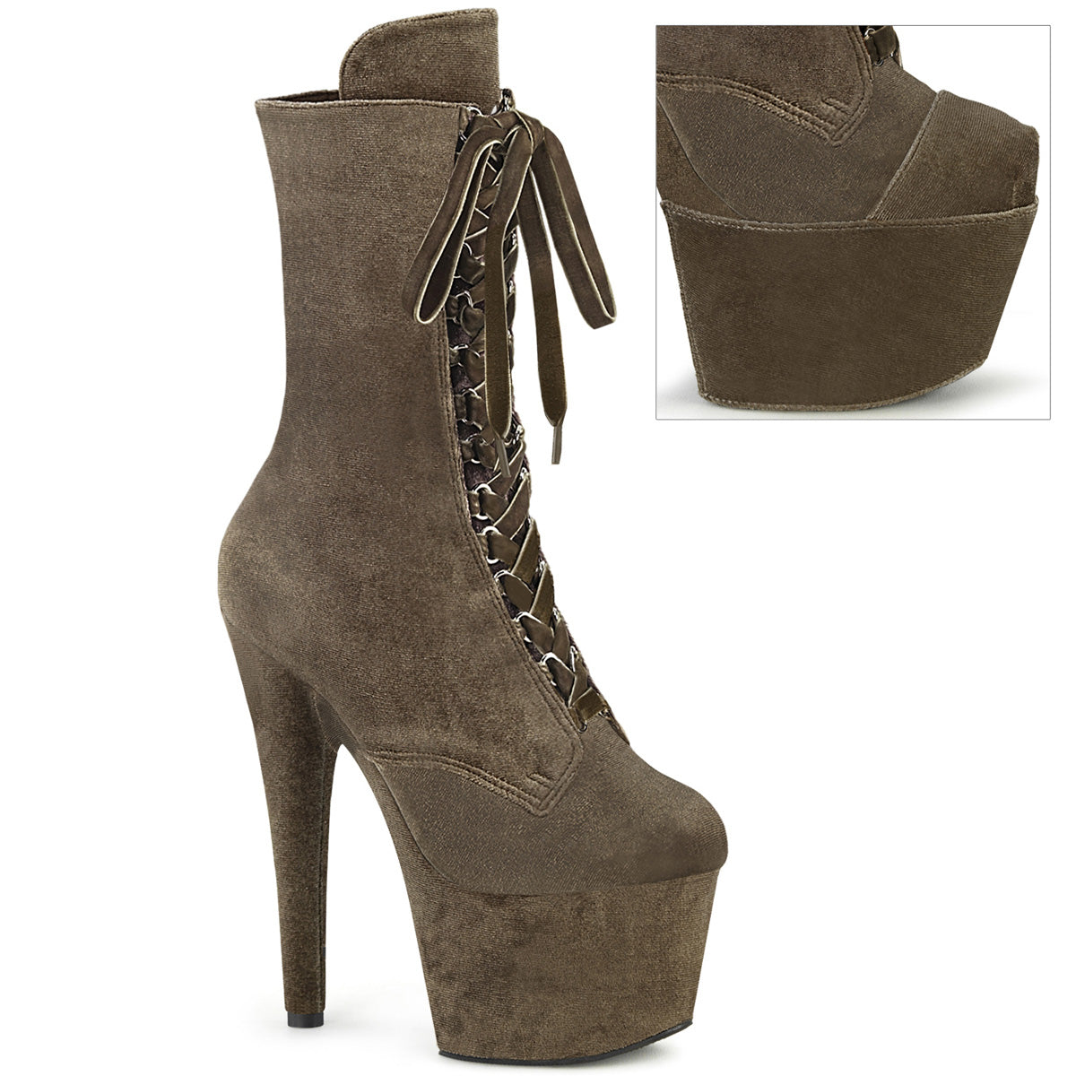 7" Heel, 2 3/4" PF Velvet Lace-Up Front Ankle Boot (Pleaser ADO1045VEL/B/M)