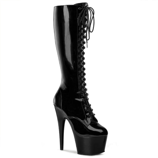 7" Heel, 2 3/4" PF Lace-Up Stretch PF Knee Boot, Side Zip (Pleaser ADO2023/B/M)