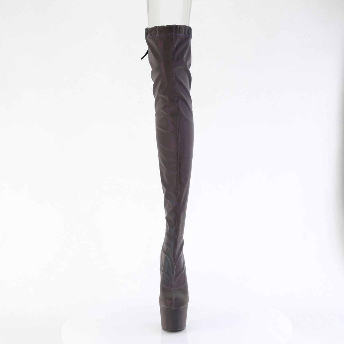 7" Heel, 2 3/4" PF Stretch Pull-On Thigh High Boot (Pleaser ADO3008REFL/GRN-PP)