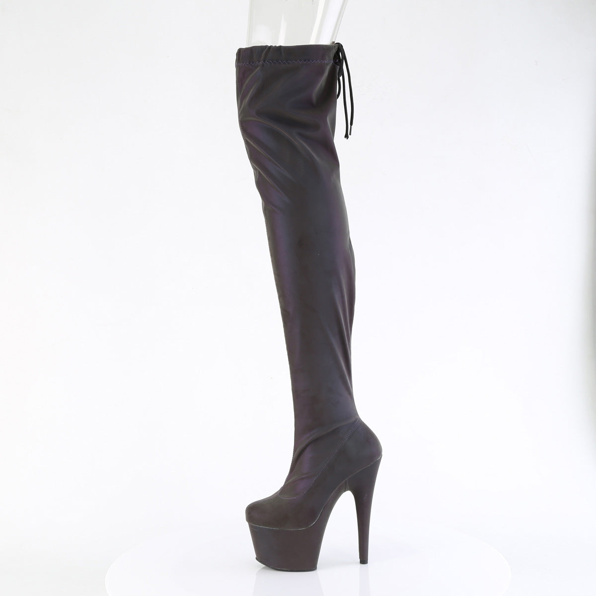 7" Heel, 2 3/4" PF Stretch Pull-On Thigh High Boot (Pleaser ADO3008REFL/GRN-PP)