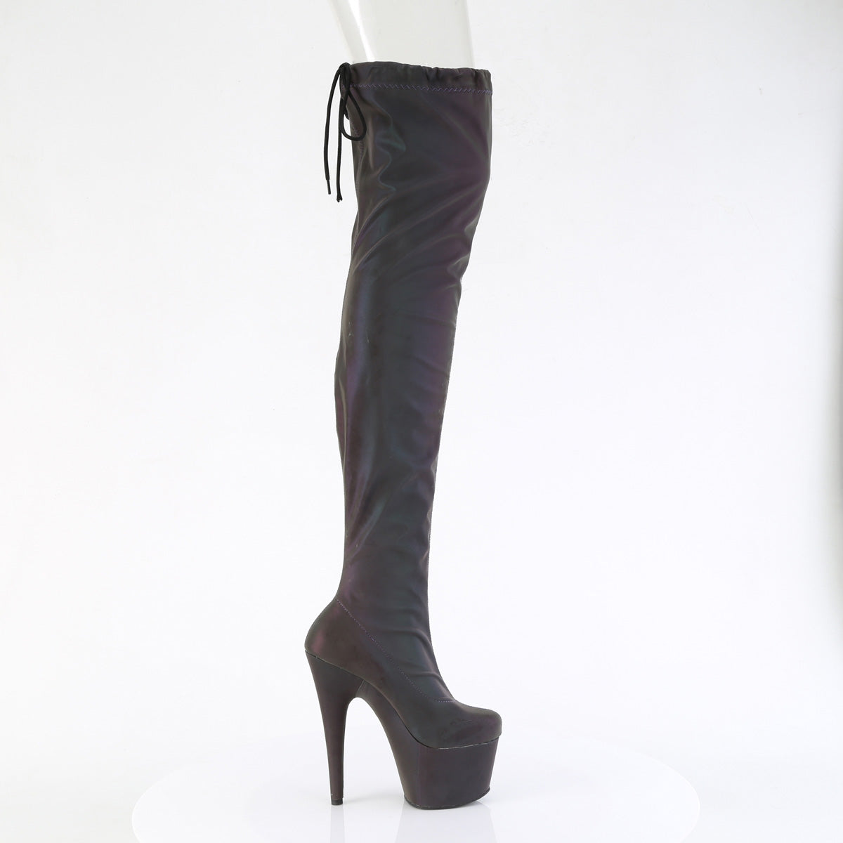 7" Heel, 2 3/4" PF Stretch Pull-On Thigh High Boot (Pleaser ADO3008REFL/GRN-PP)