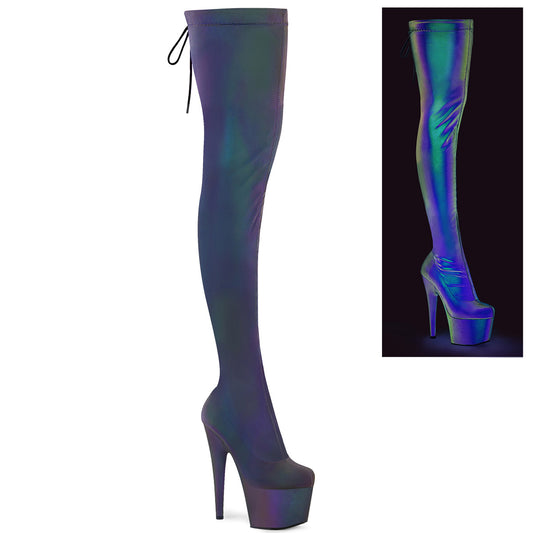 7" Heel, 2 3/4" PF Stretch Pull-On Thigh High Boot (Pleaser ADO3008REFL/GRN-PP)