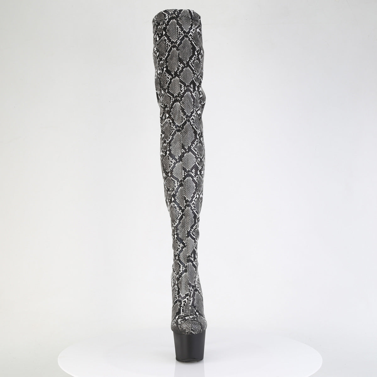 *7" Heel, 2 3/4" PF Stretch Snake Print Pull-On Thigh Boot (Pleaser ADO3008SP-BT/GY-B/B)