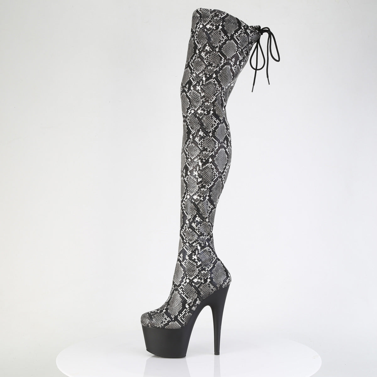 *7" Heel, 2 3/4" PF Stretch Snake Print Pull-On Thigh Boot (Pleaser ADO3008SP-BT/GY-B/B)