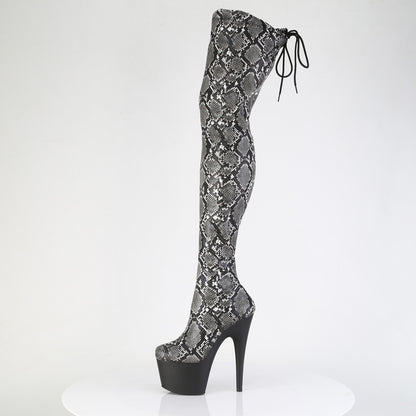 *7" Heel, 2 3/4" PF Stretch Snake Print Pull-On Thigh Boot (Pleaser ADO3008SP-BT/GY-B/B)