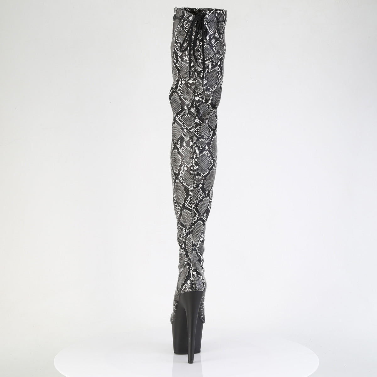 *7" Heel, 2 3/4" PF Stretch Snake Print Pull-On Thigh Boot (Pleaser ADO3008SP-BT/GY-B/B)