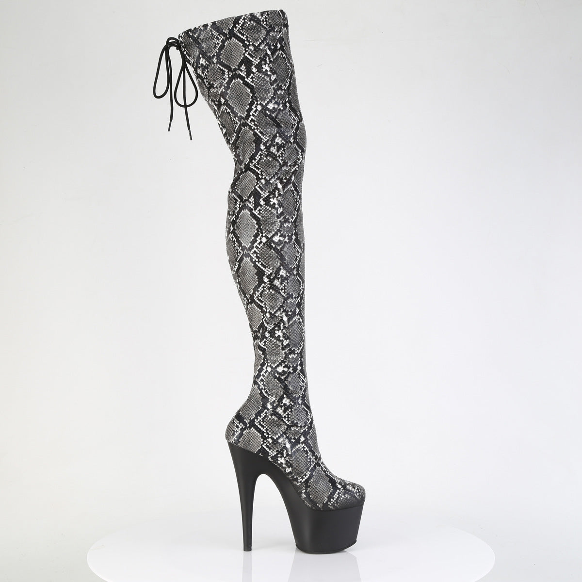 *7" Heel, 2 3/4" PF Stretch Snake Print Pull-On Thigh Boot (Pleaser ADO3008SP-BT/GY-B/B)
