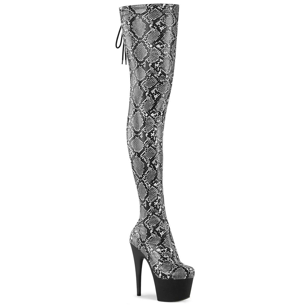 *7" Heel, 2 3/4" PF Stretch Snake Print Pull-On Thigh Boot (Pleaser ADO3008SP-BT/GY-B/B)