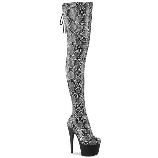 *7" Heel, 2 3/4" PF Stretch Snake Print Pull-On Thigh Boot (Pleaser ADO3008SP-BT/GY-B/B)