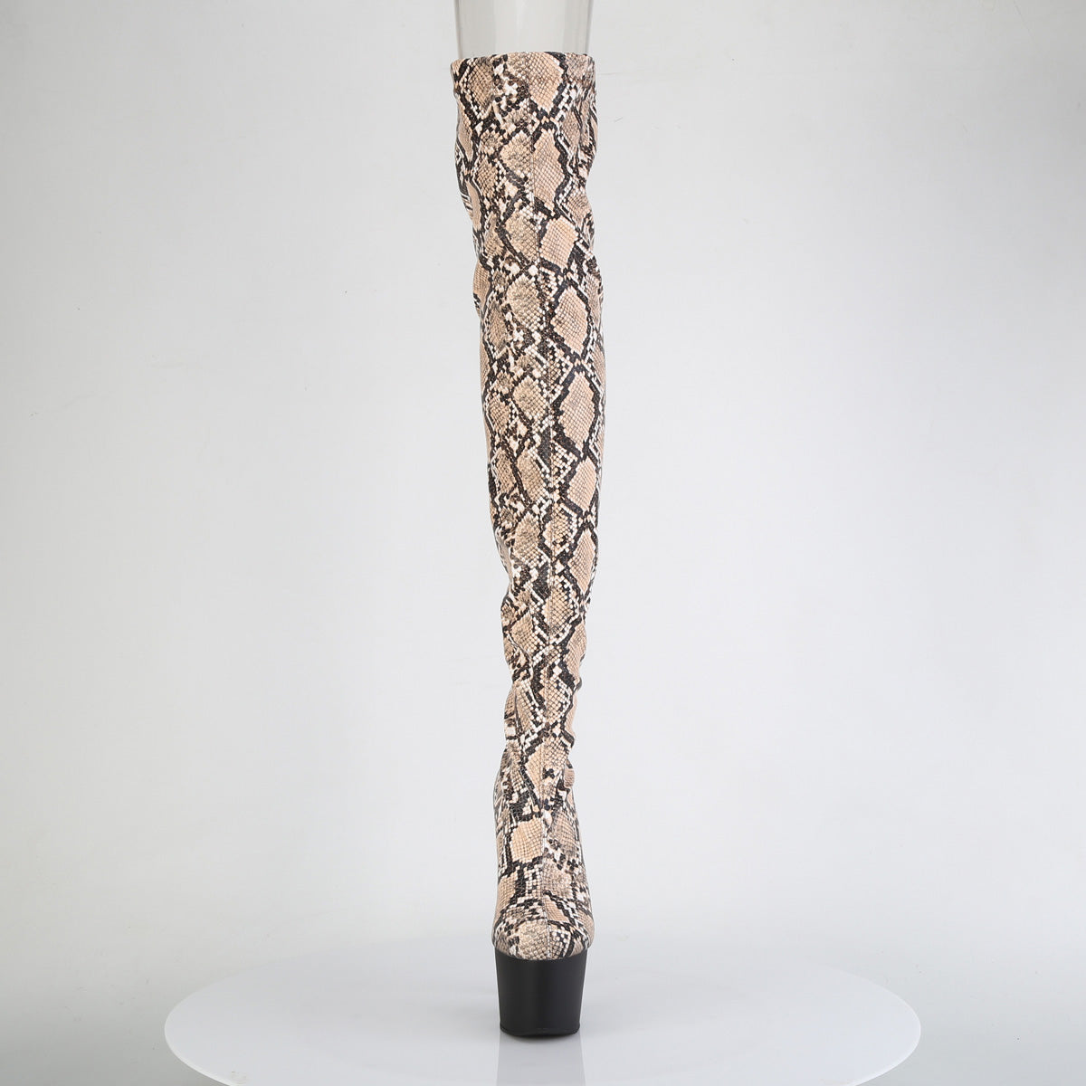 *7" Heel, 2 3/4" PF Stretch Snake Print Pull-On Thigh Boot (Pleaser ADO3008SP-BT/GY-B/B)