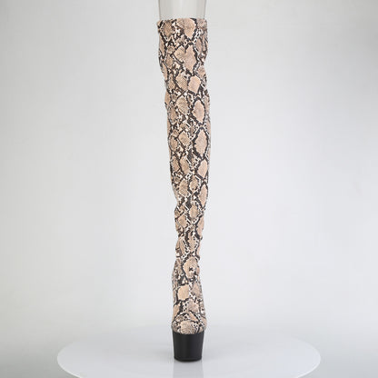 *7" Heel, 2 3/4" PF Stretch Snake Print Pull-On Thigh Boot (Pleaser ADO3008SP-BT/GY-B/B)
