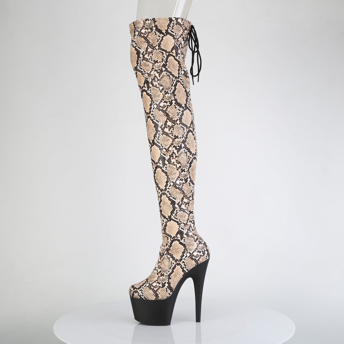 *7" Heel, 2 3/4" PF Stretch Snake Print Pull-On Thigh Boot (Pleaser ADO3008SP-BT/GY-B/B)