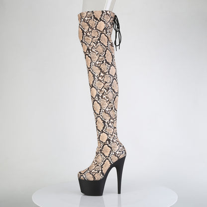 *7" Heel, 2 3/4" PF Stretch Snake Print Pull-On Thigh Boot (Pleaser ADO3008SP-BT/GY-B/B)