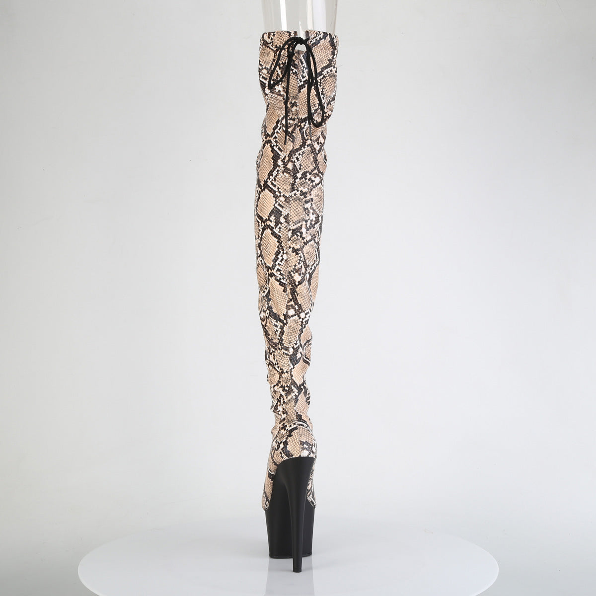 *7" Heel, 2 3/4" PF Stretch Snake Print Pull-On Thigh Boot (Pleaser ADO3008SP-BT/GY-B/B)