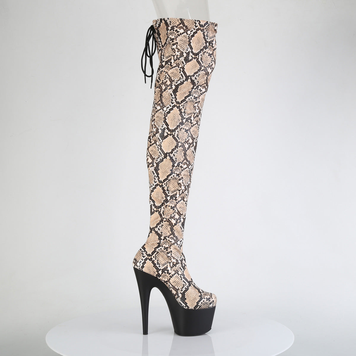 *7" Heel, 2 3/4" PF Stretch Snake Print Pull-On Thigh Boot (Pleaser ADO3008SP-BT/GY-B/B)