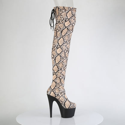 *7" Heel, 2 3/4" PF Stretch Snake Print Pull-On Thigh Boot (Pleaser ADO3008SP-BT/GY-B/B)