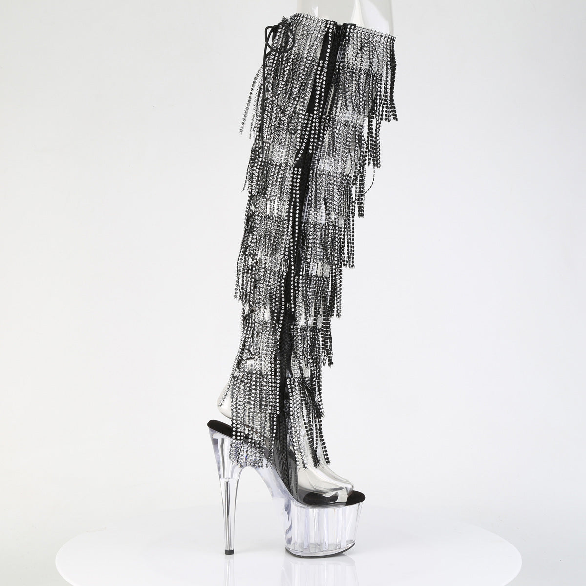 7" Heel, 2 3/4" PF 8-Layer Fringe OTK Boot, Side Zip (Pleaser ADO3019C-RSF/C-B/C)