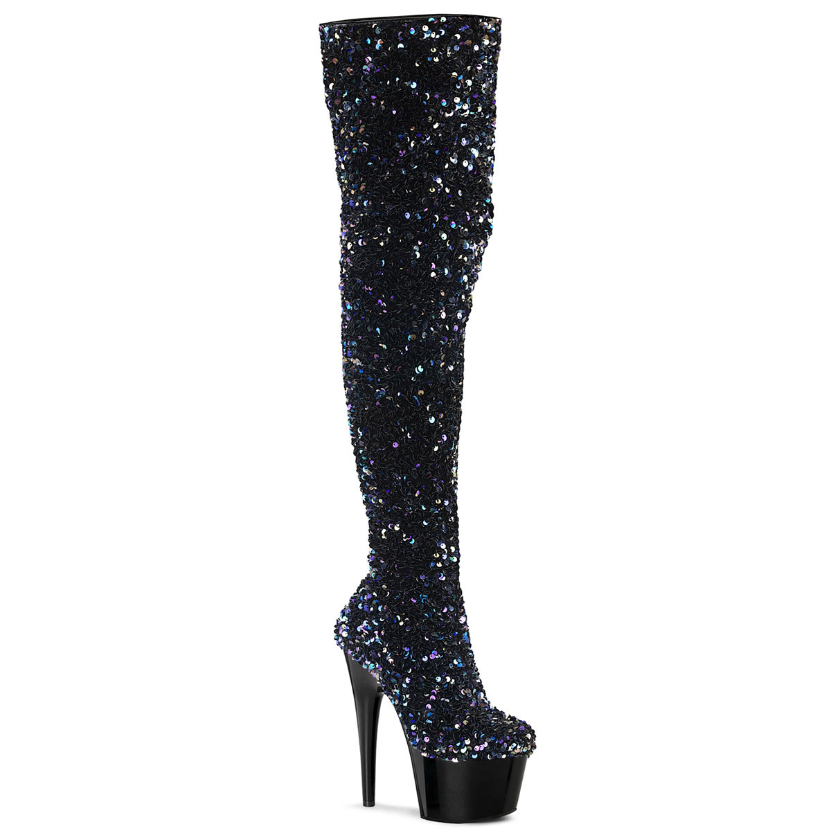 *7" Heel, 2 3/4" PF Sequin Thigh High Boot, Inside Zip (Pleaser ADO3020/BSQ/M)