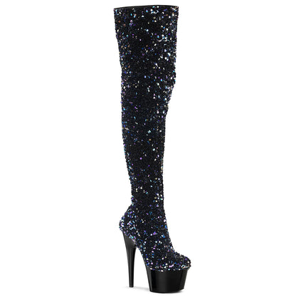 *7" Heel, 2 3/4" PF Sequin Thigh High Boot, Inside Zip (Pleaser ADO3020/BSQ/M)